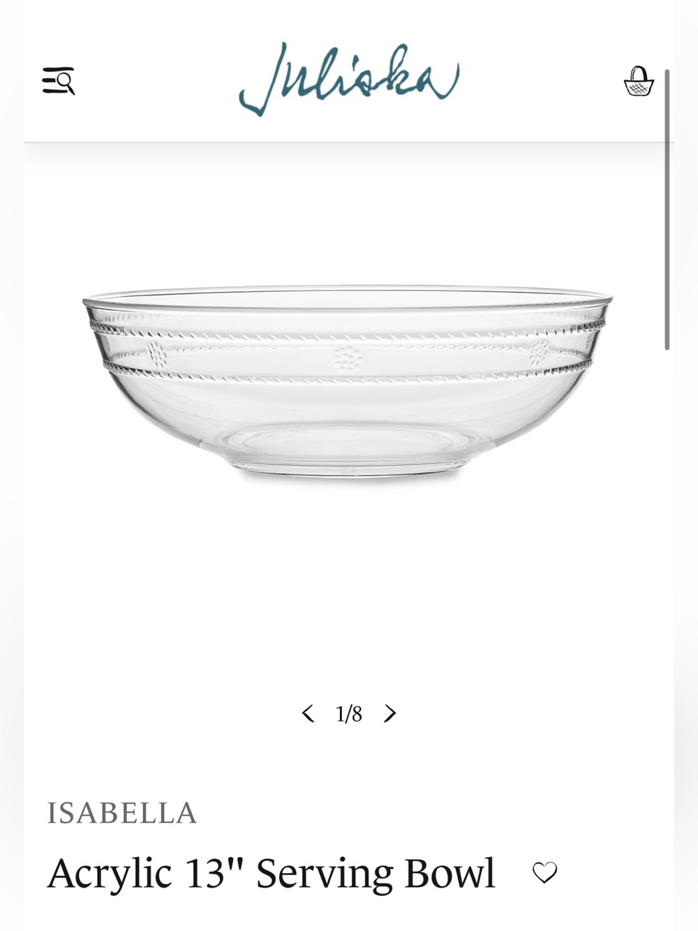 Juliska Clear Acrylic Isabella 13" Serving Bowl- Brand new!